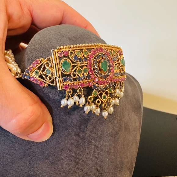 Vintage Estate Luxury Emerald Sapphire Ruby Pearl 24K gold plated Necklace - Picture 13 of 17